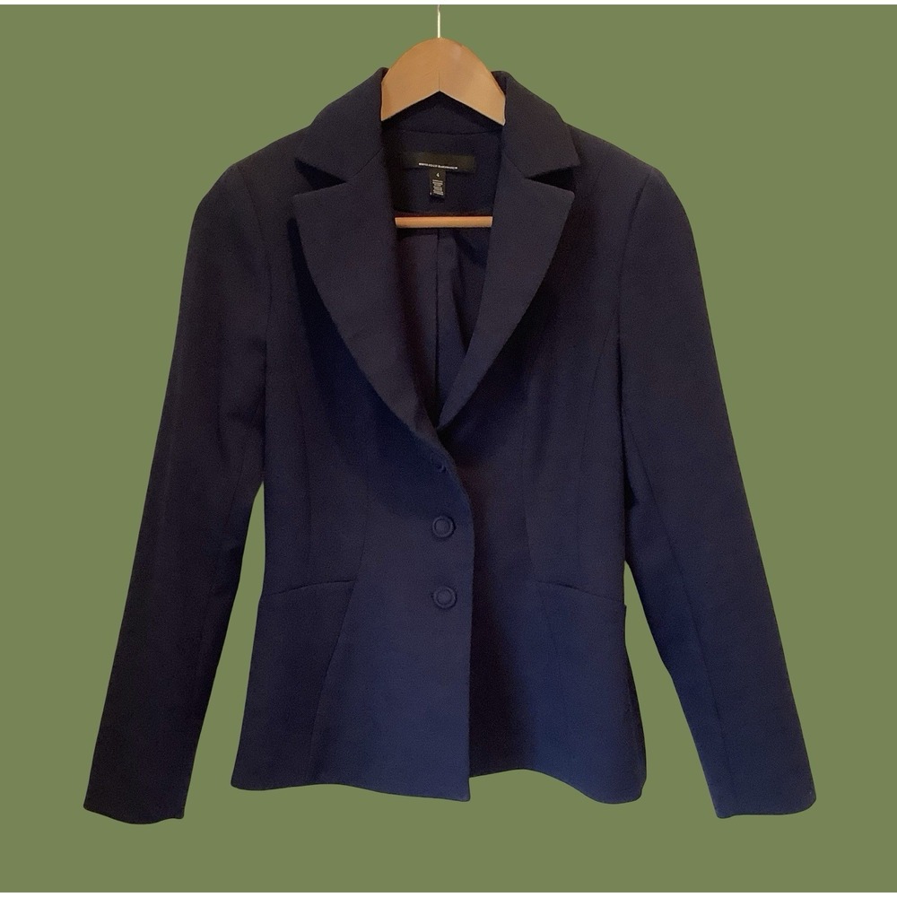 White House Black Market Navy Blue Fitted Blazer Office Work Jacket Stretch Sz 4